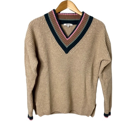 Madewell Tipped Forrest V Neck Knit Sweater Tan Size Small MC009 - Picture 5 of 9